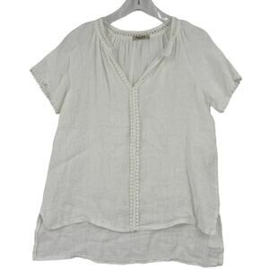 Alessia Pacini Italy White Linen Blouse Pom Pom Lace Trim Women's Size S